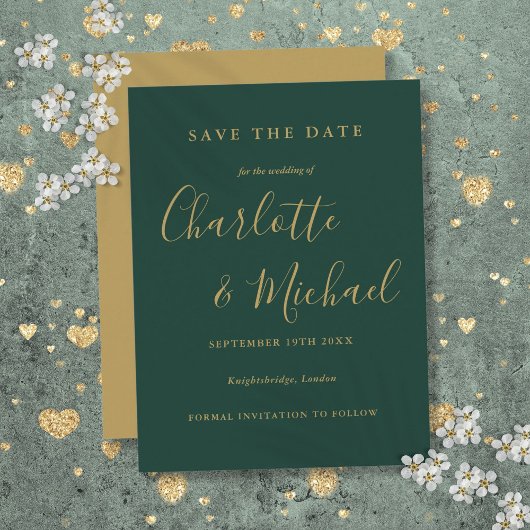 Carte Postale Emerald And Gold Script Wedding Enregistrer la car