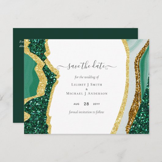 Carte Postale Emerald Gold Agate - Mariage ENREGISTRER LA DATE B (Devant / Derrière)