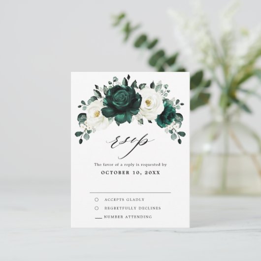 Carte Postale Emerald Green Eucalyptus Rose blanche Floral RSVP (Debout devant)