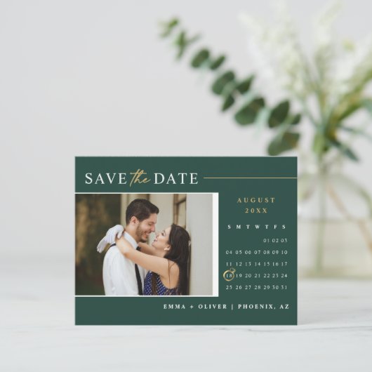 Carte Postale Emerald Green Gold Enregistrer la date Calendrier (Debout devant)