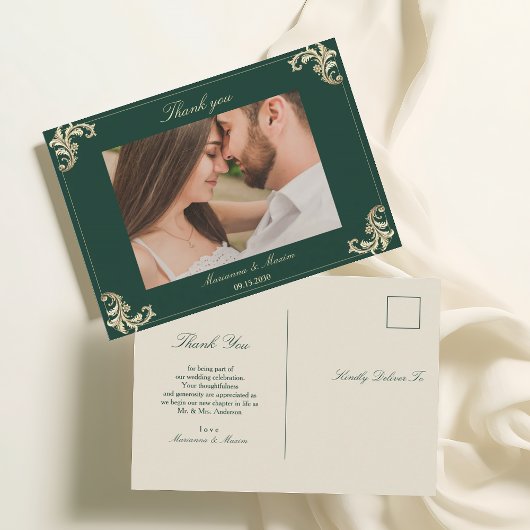 Carte Postale Emerald Green Gold Mariage Merci baroque