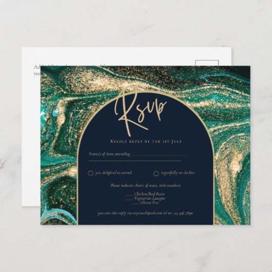 Carte Postale Emerald Green Or Agate Marbre Mariage RSVP (Devant / Derrière)