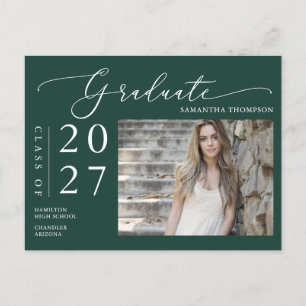 Carte Postale Emerald Green Script Graduate Faire-part photo