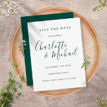 Carte Postale Emerald Green Script Wedding Save the Date<br><div class="desc">Featuring signature style names,  this elegant emerald green save the date card can be personalised with your special event information in chic white lettering. Designed by Thisisnotme©</div>