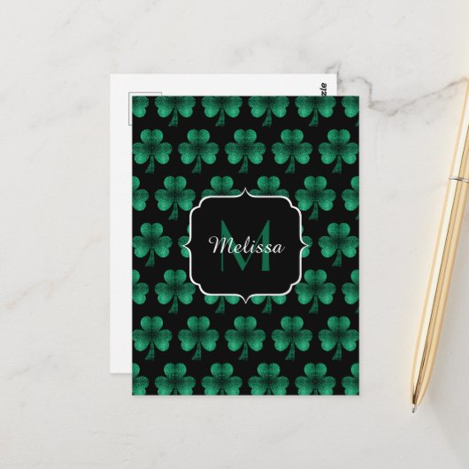 Carte Postale Emerald Green Sparkle Shamrock noir Monogramme (Devant/Arrière en situation)