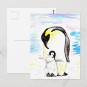 Carte Postale Emperor Penguin and Chick Watercolor Painting (Devant / Derrière)