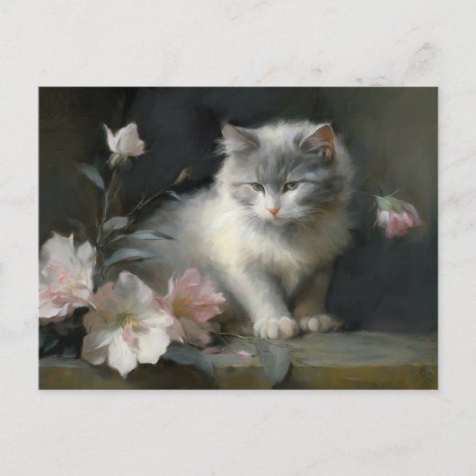 Carte Postale En Compagnie De Fleurs Gris et Blanc Kitten (Devant)