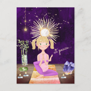 Carte Postale En Paix Méditer Blond Yoga Girl and Crystals