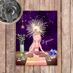 Carte Postale En Paix Méditer Yoga Girl et Crystals