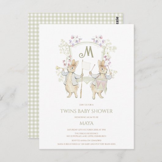 Carte Postale en vichy Peter the Rabbit Twins Baby shower Budget (Devant / Derrière)