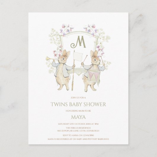 Carte Postale en vichy Peter the Rabbit Twins Baby shower Budget (Devant)