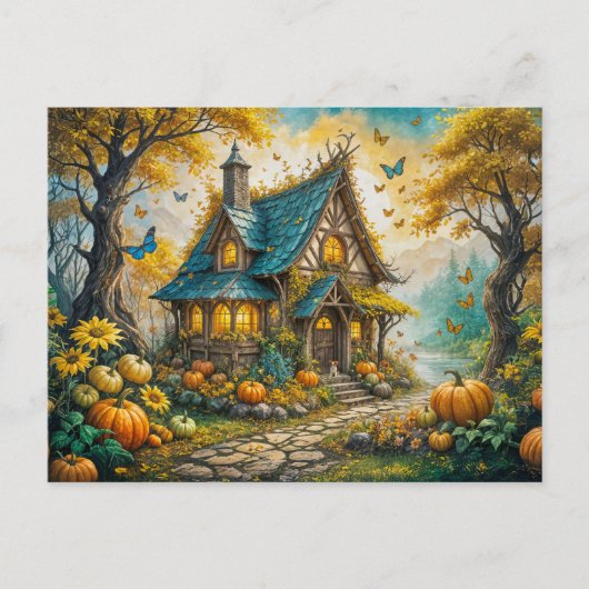 Carte Postale Enchanting Autumn Cot with Pumkins (Devant)