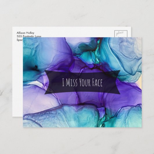 Carte Postale Encre d'alcool pourpre et Turquoise Je manque votr (Devant / Derrière)