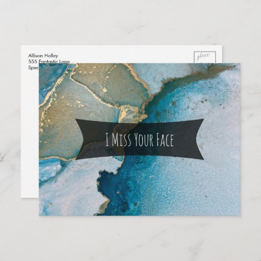 Carte Postale Encre d'alcool turquoise et or Je manque votre vis (Devant / Derrière)