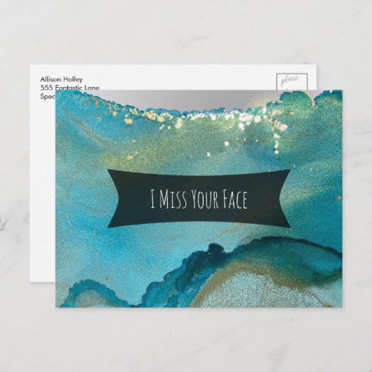 Carte Postale Encre d'alcool turquoise et or Je manque votre vis (Devant / Derrière)