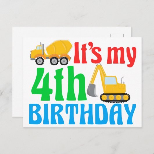 Carte Postale Enfant 4ème anniversaire garçon véhicule de constr (Devant / Derrière)