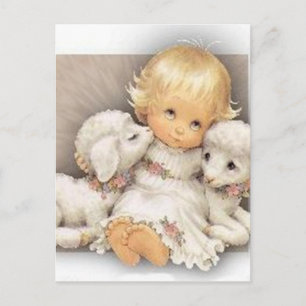 Carte Postale Enfant avec agneaux