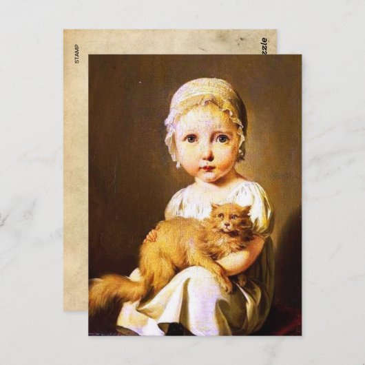 Carte Postale Enfant avec chat (Devant / Derrière)