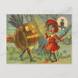 Carte Postale Enfant effrayé Hibou Pleine Lune Citrouille