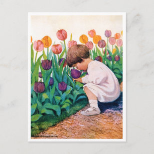 Carte Postale Enfant en Jardin aux fleurs de Tulip, Jessie Willc