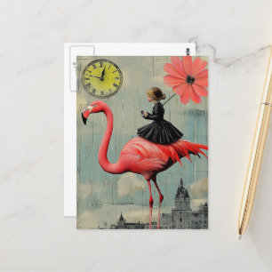 Carte Postale Enfant en robe noire sur un Flamant rose rose