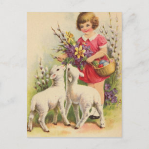 Carte Postale Enfant et agneaux de Pâques vintages
