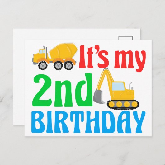 Carte Postale Enfant garçon 2ème anniversaire engin de construct (Devant / Derrière)
