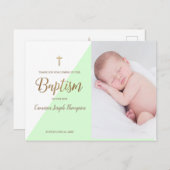 Carte Postale Enfant moderne garçon vert photo Baptême Merci (Devant / Derrière)