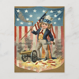Carte Postale Enfant Oncle Sam Canon Feu Drapeau américain