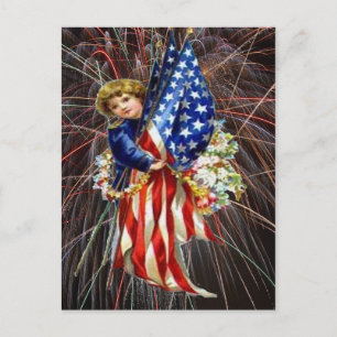 Carte Postale Enfant patriotique vintage et feux d'artifice mode