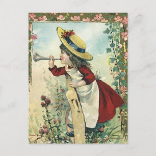 Carte Postale Enfant victorien vintage, Fille soufflant Bugle Me