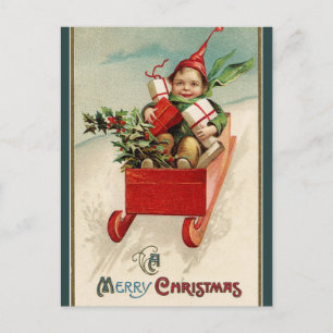 Carte Postale Enfant vintage avec des cadeaux à Sleigh Joyeux No