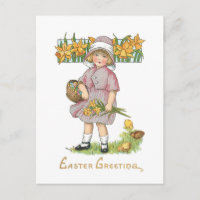Enfant vintage avec jonquilles et voeux de Pâques