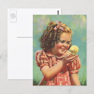 Carte Postale Enfant vintage, Joyeux sourire, Fille avec bébé po