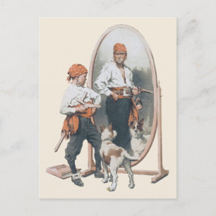 Carte Postale Enfant vintage, Petit Pirate, Chien, Miroir, Bouca