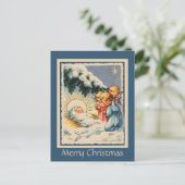 Carte Postale Enfants Anges Bébé Jésus et Pin Neige Arbre (Debout devant)