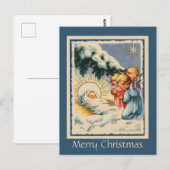Carte Postale Enfants Anges Bébé Jésus et Pin Neige Arbre (Devant / Derrière)