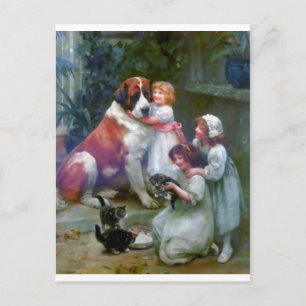 Carte Postale Enfants Animaux de compagnie Chien Chats Peinture