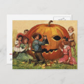 Carte Postale Enfants Carving Jack-o'-lantern Citrouille (Devant / Derrière)