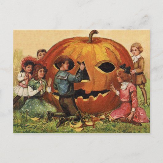 Carte Postale Enfants Carving Jack-o'-lantern Citrouille (Devant)