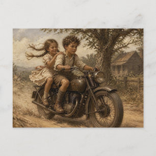 Carte Postale Enfants de style vintage chevauchant une moto anci