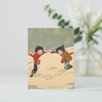 Enfants japonais roulant une grosse boule de neige