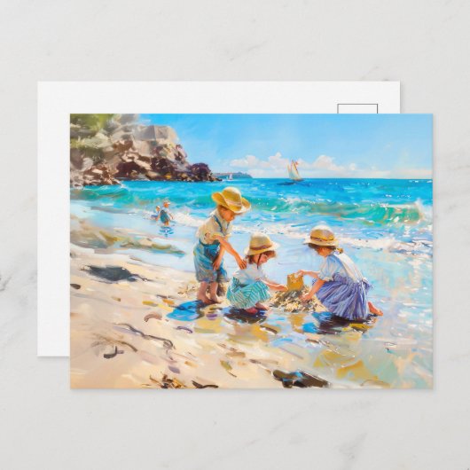 Carte Postale Enfants jouant sur la plage - Art impressionniste (Devant / Derrière)