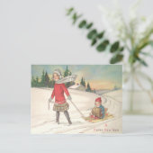 Carte Postale Enfants mignons faisant de la luge Luge Neige (Debout devant)