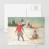 Carte Postale Enfants mignons faisant de la luge Luge Neige (Devant / Derrière)
