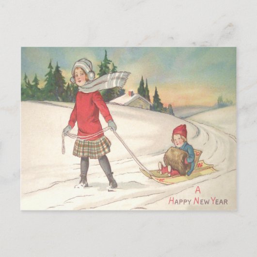 Carte Postale Enfants mignons faisant de la luge Luge Neige (Devant)