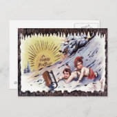 Carte Postale Enfants mignons luge neige traîneau (Devant / Derrière)