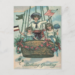 Carte Postale Enfants Mignons Montgolfière Roses