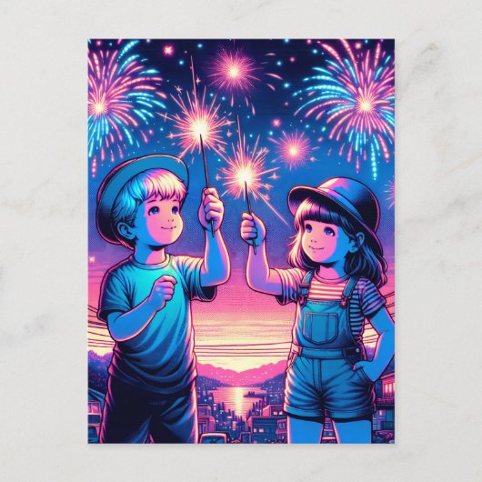 Carte Postale Enfants tenant un feu d'artifice le 4 juillet (Devant)