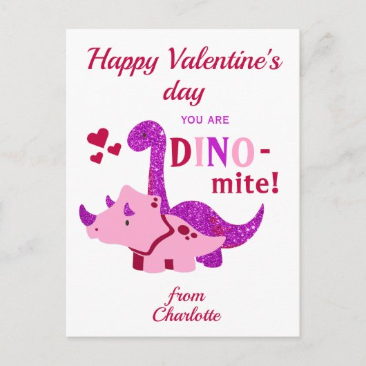 Carte Postale Enfants Valentines Day Girly Dinosaur Dino-mite (Devant)